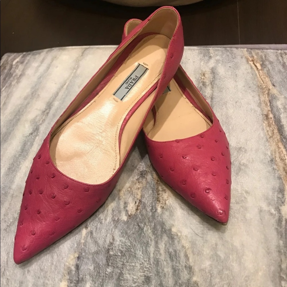 Prada pink ostrich skin leather pointy toes flats